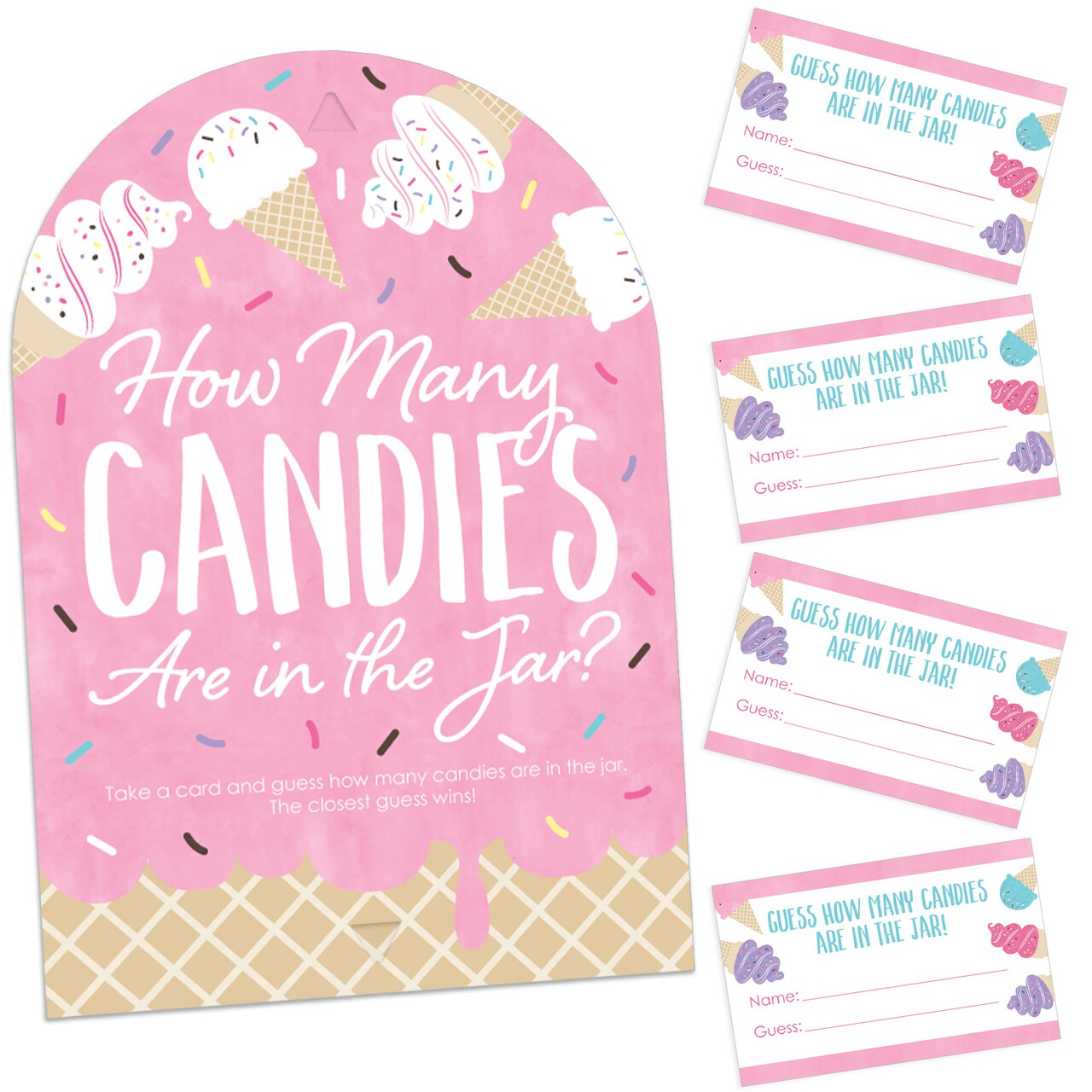 Big Dot of Happiness Scoop Up The Fun - Ice Cream - How Many Candies Sprinkles Party Game - 1 Stand and 40 Cards - Candy Guessing Game